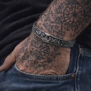 Stainless Steel Men's Handmade Nordic Rune Bangle with Viking thor's hammer